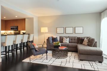 Grey interior with white furniture.