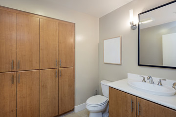 Bathroom interior in beige and wood cabinets and mirror and copy