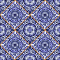 Colorful floral seamless pattern from different rhombus with mandala in patchwork boho chic style, in portuguese and moroccan motif. Hand drawn vector stock illustration