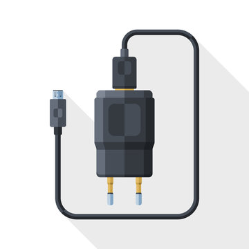 Vector Charger For Phone With Micro USB Connector Icon. Simple Icon In Flat Style With Long Shadow On White Background