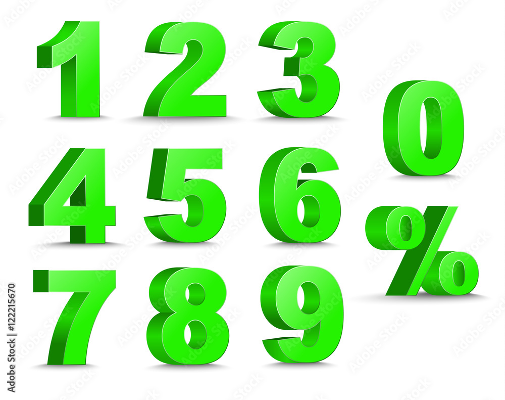 Poster set of 3d figures and percent sign. the template in green color