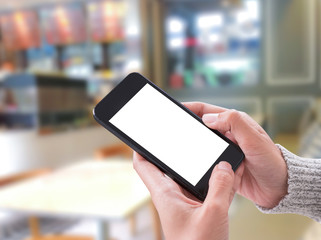 using smart phone showing blank white screen in woman hand. concept communication