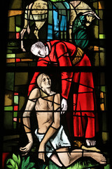 Obraz na płótnie Canvas Jésus-Christ. Vitrail réalisé en 1963 par Max Ingrand, dans la chapelle Sud de l'église Saint-Ulrich d'Altenstadt de Wissembourg.