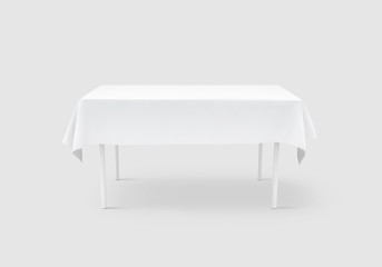 Bank white table cloth mock up, clipping path, 3d rendering. Clear tablecloth design mockup isolated. Fabric space satin on desk template. Kitchen table clean textile overlay. Setting cafe table.