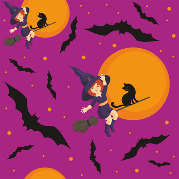 Halloween seamless pattern  with the image of the little witch and full moon