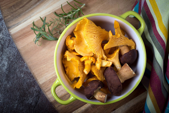 Bowl with cantharellus. Yellow chanterelle and boletus