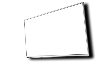 Slim TV holding on wood wall background.