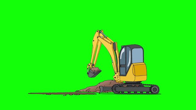 Industrial Excavator Digging Hole. Animated footage isolated on green screen. Looped motion graphic UHD