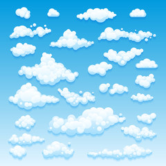 Cartoon Clouds Set On Blue Sky Background. Set of funny cartoon clouds, smoke patterns and fog icons, for filling your sky scenes or ui games backgrounds. Vector
