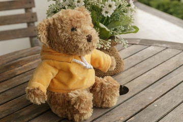 Brown teddy bear on a wooden table.