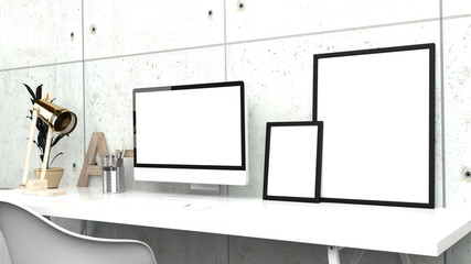 Creative Home Office, Modern Studio Or Contemporary Workspace Interior Mock up, Blank Desktop Computer Screen, Photo Frames, 3D Rendering, Concrete Panels Back Wall