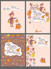 Hand drawn doodle vector halloween greeting cards with the witch