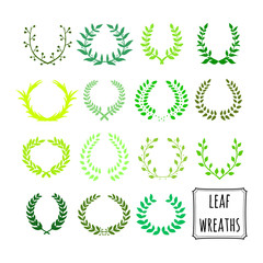 Set of 15 laurel leaf wreath made in black. Unique hand drawn Vector wreath collection in green colors