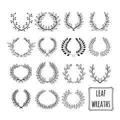 Set of 15 laurel leaf wreath made in black. Unique hand drawn Vector wreath collection