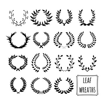 Set of 15 laurel leaf wreath made in black. Unique hand drawn Vector wreath collection