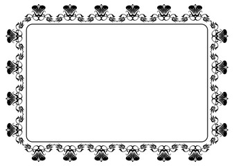 Abstract black and white ornament with decorative flowers. Horizontal silhouette frame with free space for text, photo or picture. Vector clip art.