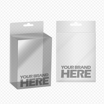 Digital vector silver transparent plastic blank box mockup, ready for your logo and design, flat style