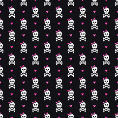 Naklejka premium Cute seamless pattern with skulls, bows and hearts.
