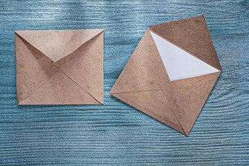 Retro envelopes letter on wooden board top view