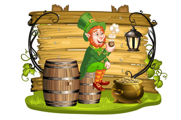 Leprechaun sitting on barrels and holding a pipe