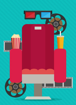 Concept design on movie watching with cola, popcorn, film.
