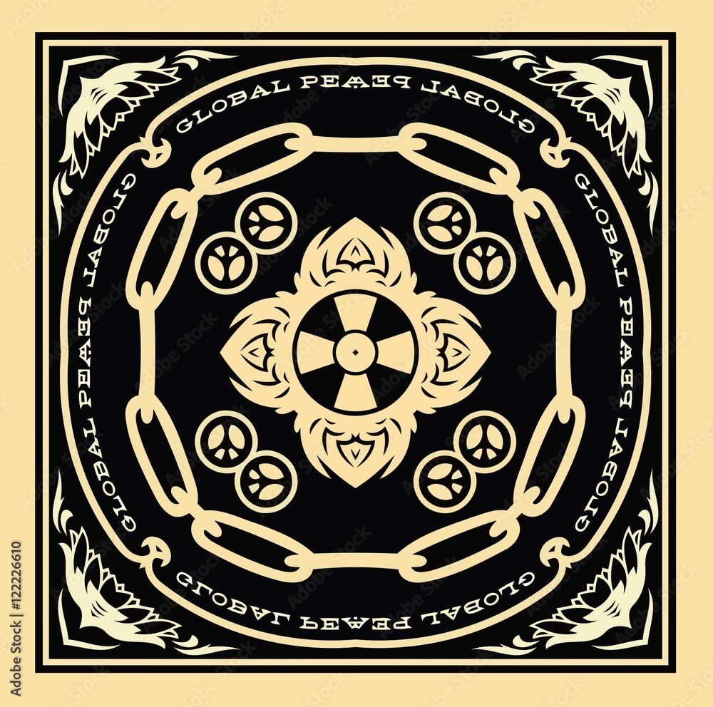 Poster vector illustration texture symmetrical pattern in black on a yellow background elements of geometri