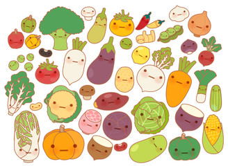 Collection of lovely fruit and vegetable icon , cute carrot , adorable turnip , sweet tomato , kawaii potato, girly corn Isolated on white in childlike manga cartoon style - Vector file EPS10