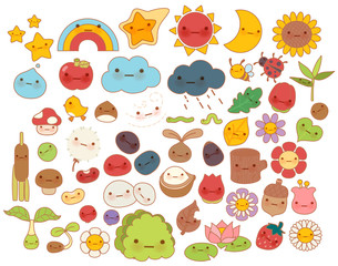 Collection of lovely baby forest nature doodle character icon ,cute star ,adorable flower ,sweet fruit ,kawaii rainbow ,girly bug ,comic apple in childlike manga cartoon style - Vector file EPS10