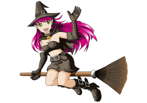 Witch girl flying cartoon on white background for Happy Halloween night party festival holiday vector illustration.