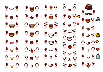 Collection of cute lovely kawaii emoticon emoji Doodle cartoon face , smile , happy , wink , excited , sleepy , chill , kiss , crazy , sweet in childlike manga cartoon style - Vector file EPS10