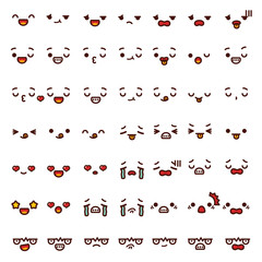 Collection of cute lovely emoticon emoji Doodle cartoon face angry, happy, wink, fun, sad, shock, cry, in love, smile, laugh,kiss isolated on white in childlike manga cartoon style - Vector file EPS10