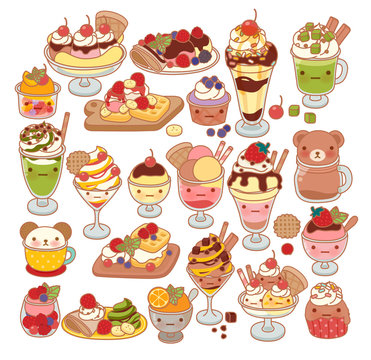 Collection of lovely baby sweet dessert doodle icon, cute ice cream, adorable waffle, sweet crepe, kawaii sundae, girly parfait in childlike manga cartoon style isolated on white-Vector file EPS10