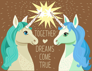 Unicorn Face. Cartoon Vector. Motivation Card With Stars, Decor Elements, Cute Two Enamored Unicorns And Text "Together Dreams Come True". Unicorn Face Emoji. Unicorn Face Mask. Unicorn Face Drawing.