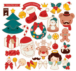 Collection of lovely Christmas doodle icon, cute snowman, adorable angel, sweet wreath , kawaii gingerbread , girly xmas ornament in childlike manga cartoon style isolated on white-Vector file EPS10