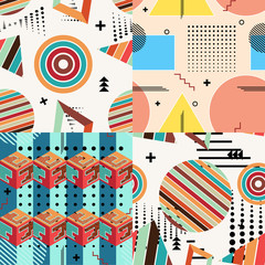 Obraz premium Set of color vector abstract seamless pattern in Memphis style.