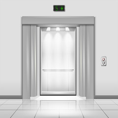 Closed chrome metal office building elevator doors with rays of