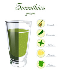 Vector illustration of a glass cup with mint smoothies, salad, l