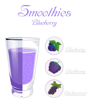 Vector illustration of a glass cup smoothie with blueberries, bl