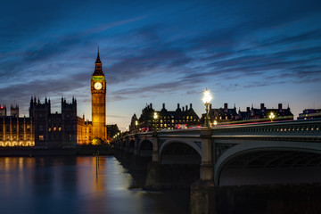 Big Ben and the Houses of Parliament at night from across the river Thames and Westminster bridge southbank in London, England, UK