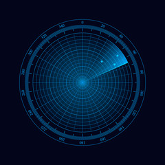 Digital radar with the aims on monitor. Isolated on black background. Vector illustration, eps 10.
