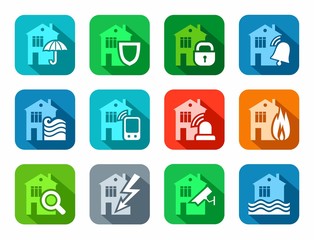 Security of housing and office buildings, icons, colored, flat. Safety of living and working space. Vector colored icons with shadow. 