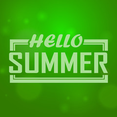 Vector inscription Hello Summer on blur background. Summer lettering. Summer poster. Great for poster, postcard or greeting card and other design. Hello Summer vector illustration. Eps10