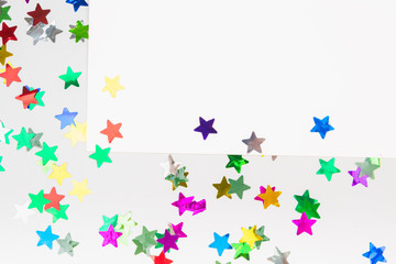 Party poster Confetti stars template for banner placard. Top view table from above