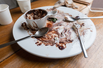Dirty white dishes, stained chocolate empty after eating