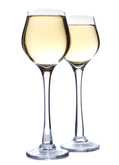 Champagne glasses and alcohol on white background 