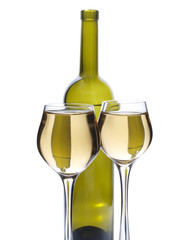 Green bottle of water and alcohol on white background