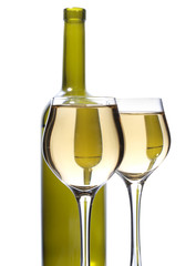 Green bottle of water and alcohol on white background