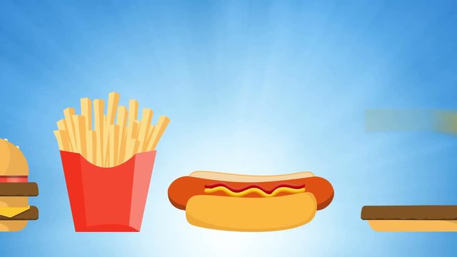 Fast junk food burgers, hotdogs and fries in a seamless lopping animation