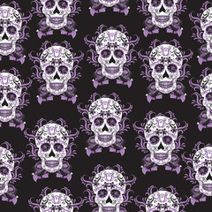 Day of the Dead celebration, a festival in Mexico. Sugar Skull seamless pattern, skeleton background, texture, wallpaper. Skull rock background.