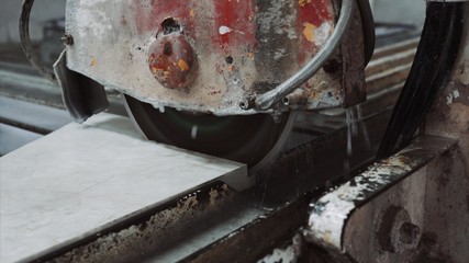 Saw machine cut marble stone , close up